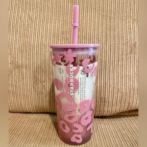 💗RARE Starbucks pink💗cheetah💗glass tumbler with straw